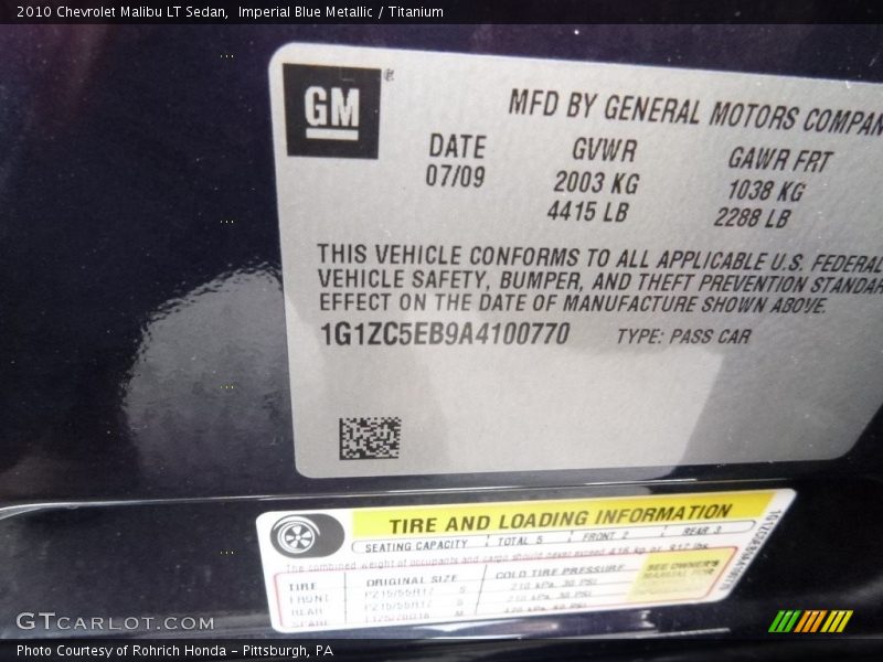 Imperial Blue Metallic / Titanium 2010 Chevrolet Malibu LT Sedan