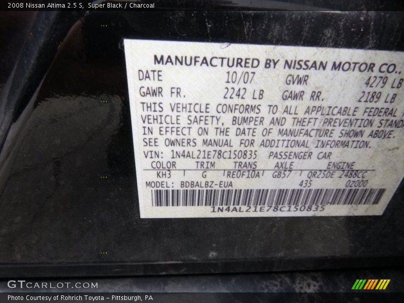 Super Black / Charcoal 2008 Nissan Altima 2.5 S