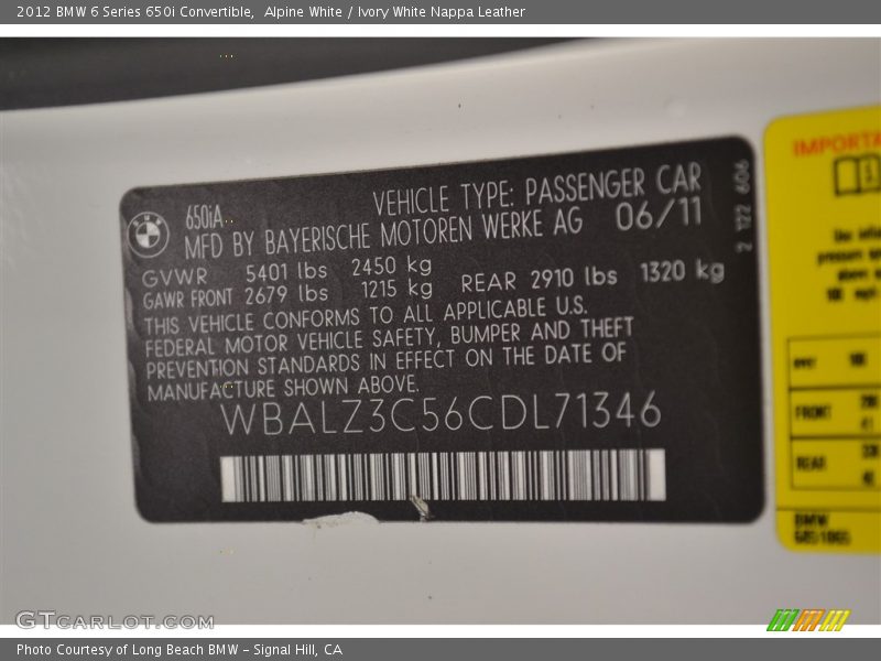 Alpine White / Ivory White Nappa Leather 2012 BMW 6 Series 650i Convertible