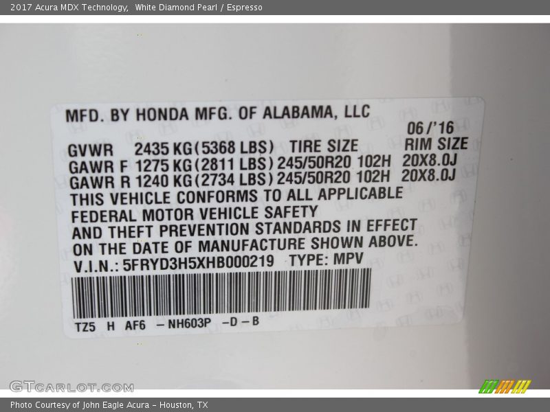 2017 MDX Technology White Diamond Pearl Color Code NH603P