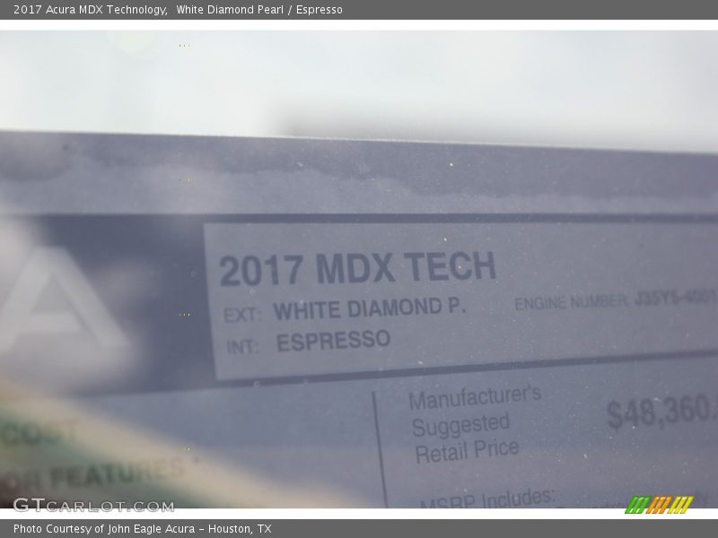 White Diamond Pearl / Espresso 2017 Acura MDX Technology