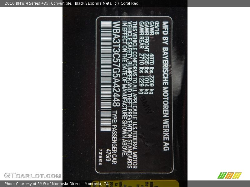 2016 4 Series 435i Convertible Black Sapphire Metallic Color Code 475