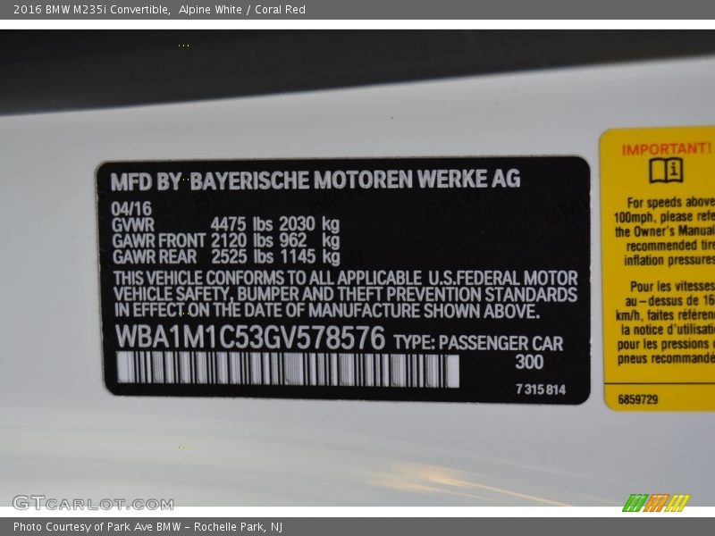 2016 M235i Convertible Alpine White Color Code 300