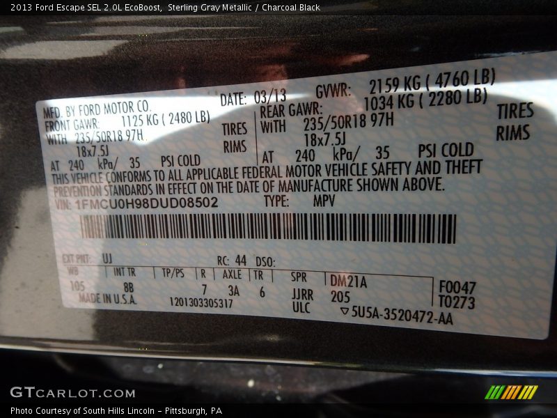 Sterling Gray Metallic / Charcoal Black 2013 Ford Escape SEL 2.0L EcoBoost