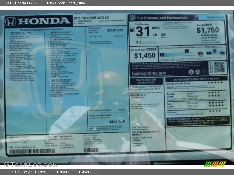 Misty Green Pearl / Black 2016 Honda HR-V LX