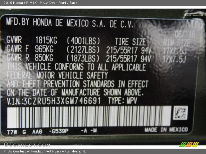 Misty Green Pearl / Black 2016 Honda HR-V LX