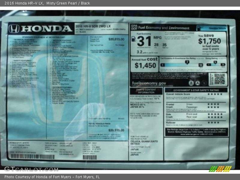 Misty Green Pearl / Black 2016 Honda HR-V LX