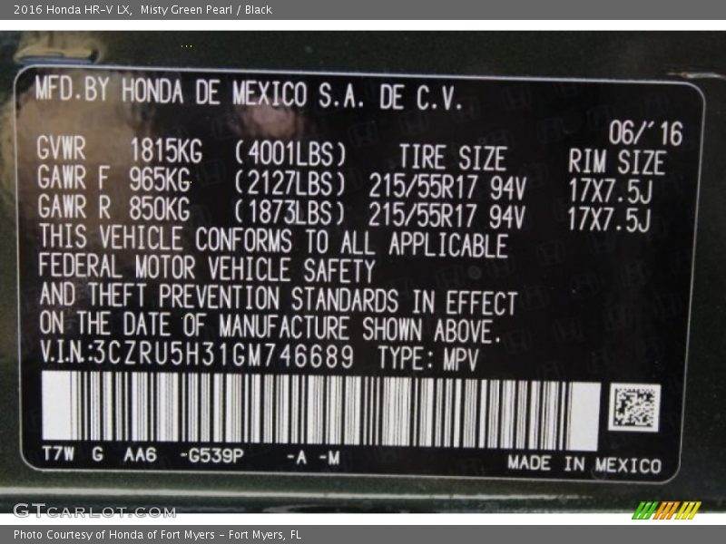 Misty Green Pearl / Black 2016 Honda HR-V LX