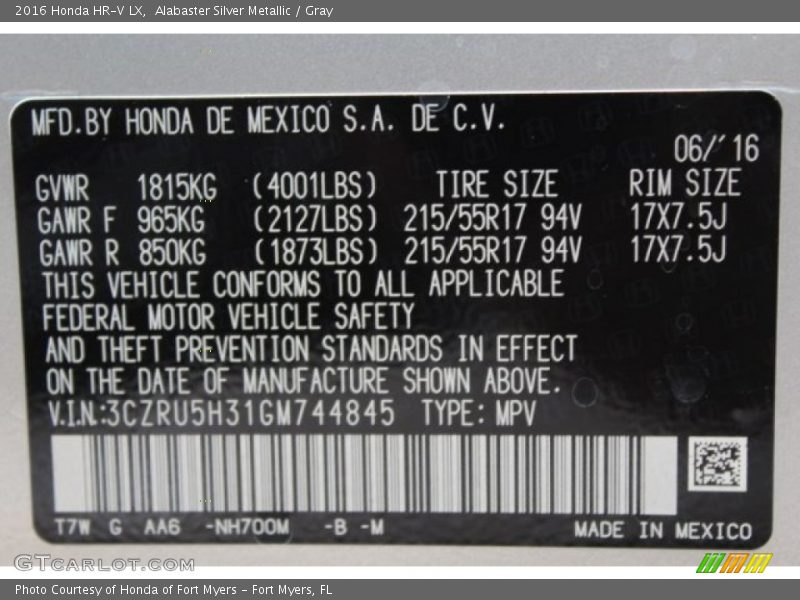 Alabaster Silver Metallic / Gray 2016 Honda HR-V LX