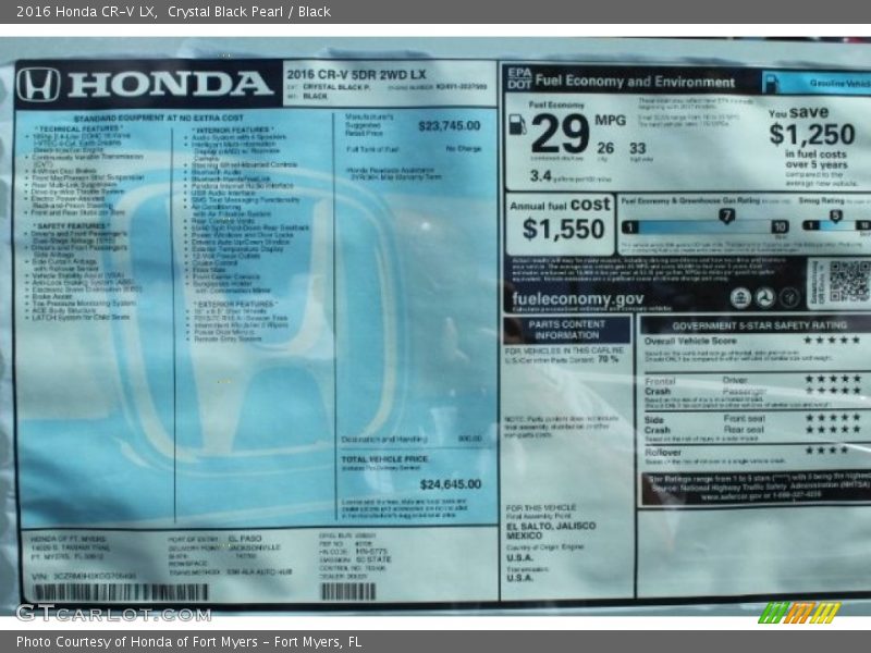 Crystal Black Pearl / Black 2016 Honda CR-V LX