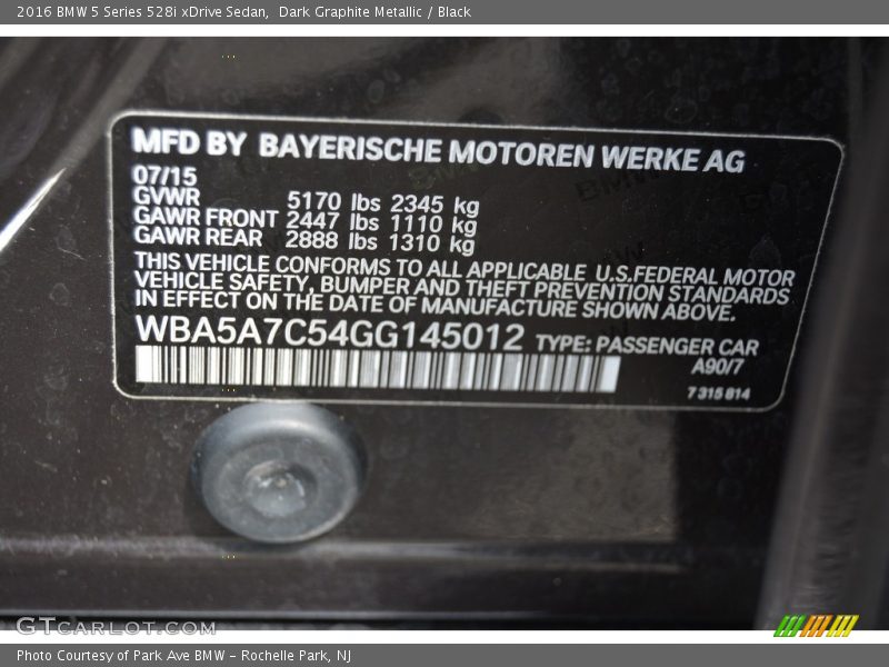 Dark Graphite Metallic / Black 2016 BMW 5 Series 528i xDrive Sedan
