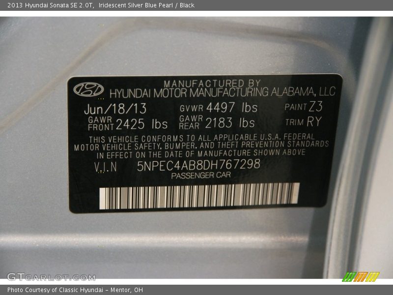 Iridescent Silver Blue Pearl / Black 2013 Hyundai Sonata SE 2.0T