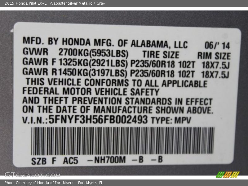 Alabaster Silver Metallic / Gray 2015 Honda Pilot EX-L