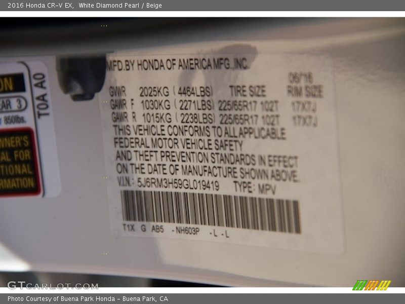 White Diamond Pearl / Beige 2016 Honda CR-V EX
