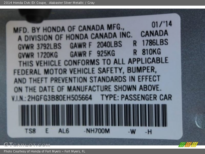 Alabaster Silver Metallic / Gray 2014 Honda Civic EX Coupe