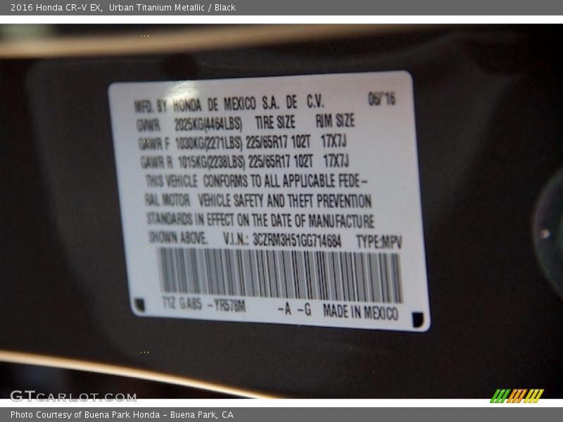 Urban Titanium Metallic / Black 2016 Honda CR-V EX
