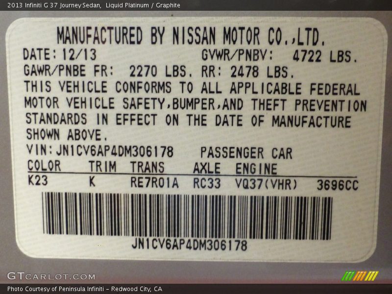 Liquid Platinum / Graphite 2013 Infiniti G 37 Journey Sedan