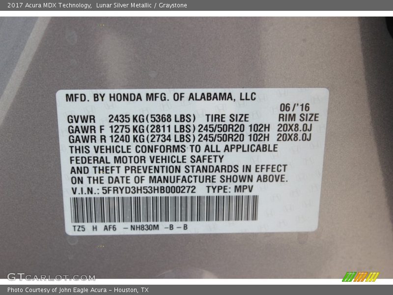 Lunar Silver Metallic / Graystone 2017 Acura MDX Technology