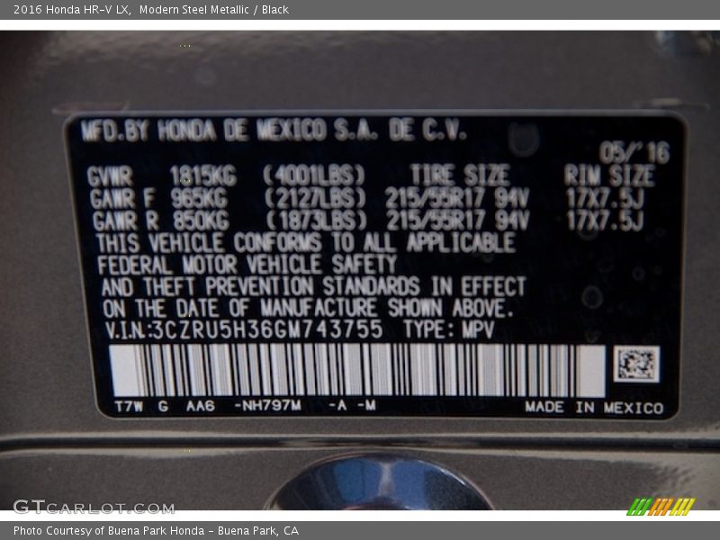 Modern Steel Metallic / Black 2016 Honda HR-V LX