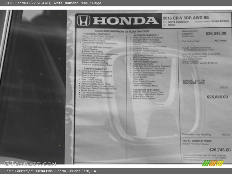 White Diamond Pearl / Beige 2016 Honda CR-V SE AWD