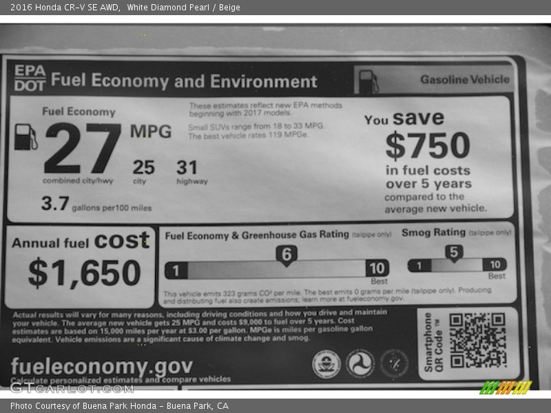White Diamond Pearl / Beige 2016 Honda CR-V SE AWD