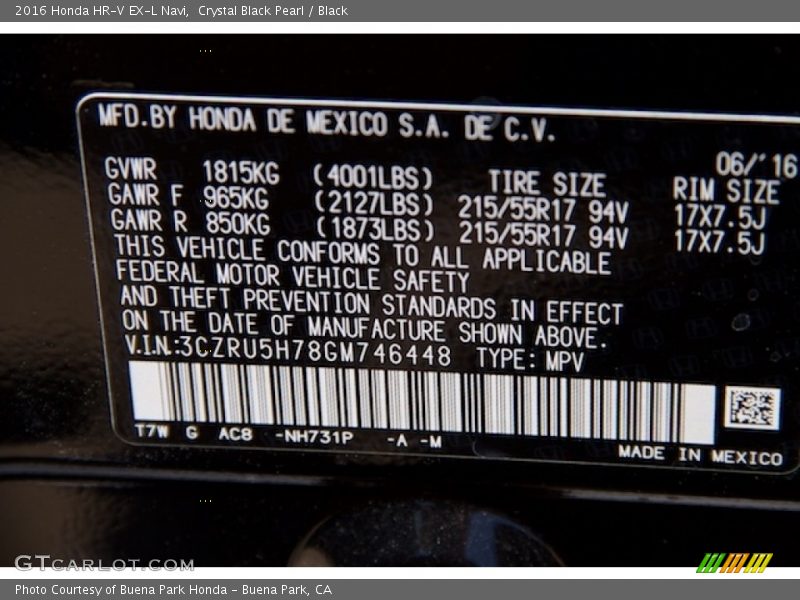 Crystal Black Pearl / Black 2016 Honda HR-V EX-L Navi