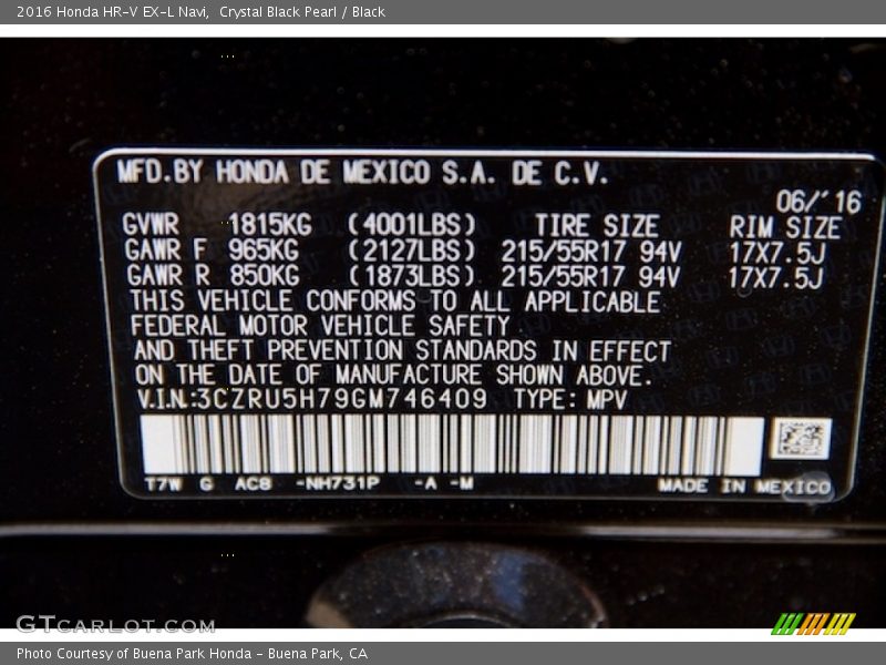 Crystal Black Pearl / Black 2016 Honda HR-V EX-L Navi