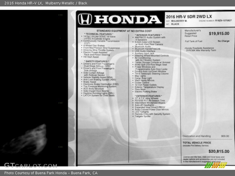 Mulberry Metallic / Black 2016 Honda HR-V LX