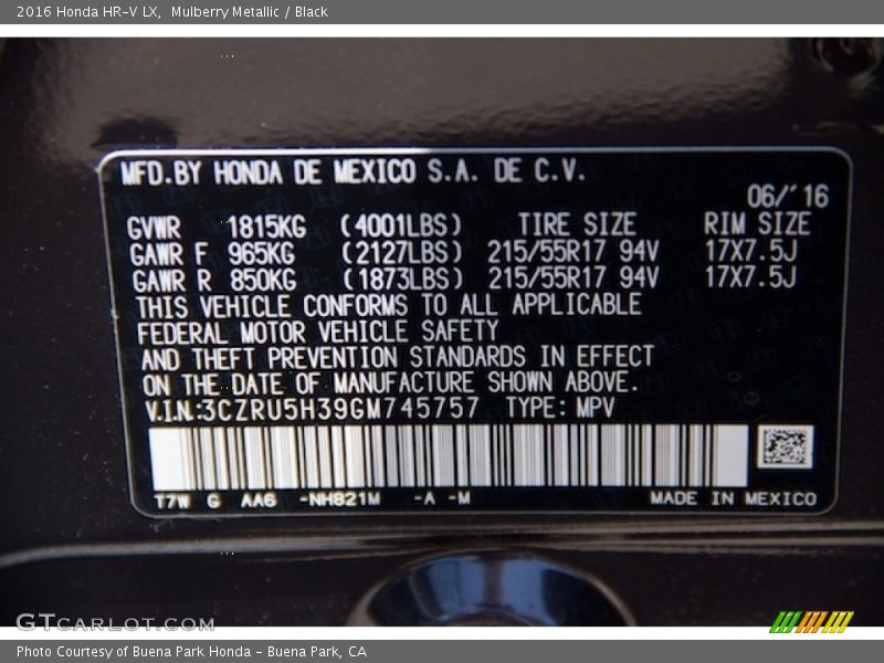 Mulberry Metallic / Black 2016 Honda HR-V LX