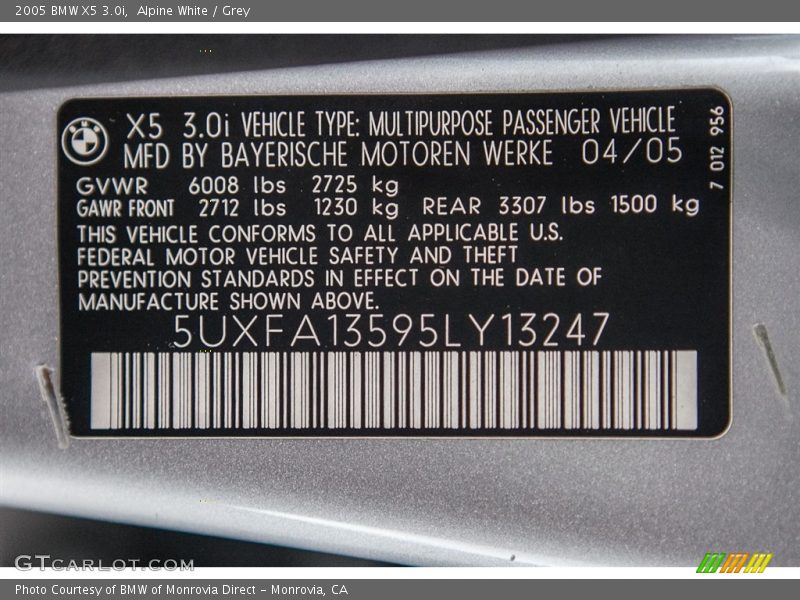 Alpine White / Grey 2005 BMW X5 3.0i