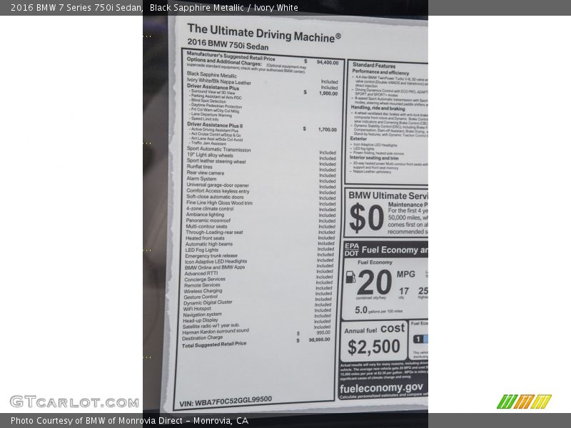  2016 7 Series 750i Sedan Window Sticker