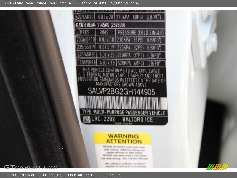 Baltoro Ice Metalllic / Ebony/Ebony 2016 Land Rover Range Rover Evoque SE