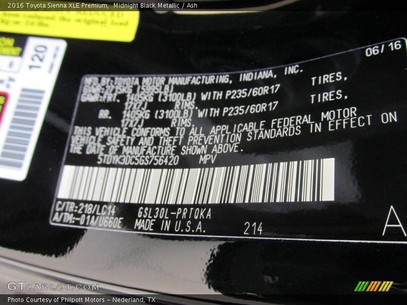 Midnight Black Metallic / Ash 2016 Toyota Sienna XLE Premium