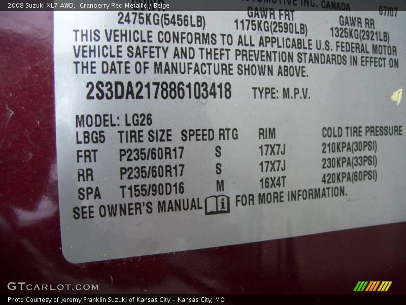 Cranberry Red Metallic / Beige 2008 Suzuki XL7 AWD