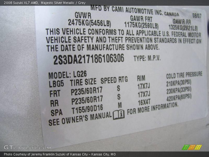 Majestic Silver Metallic / Grey 2008 Suzuki XL7 AWD