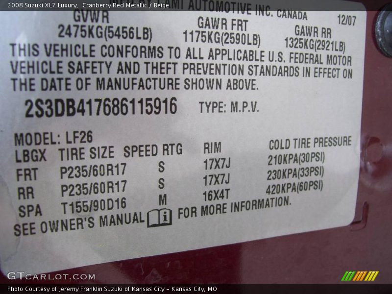 Cranberry Red Metallic / Beige 2008 Suzuki XL7 Luxury