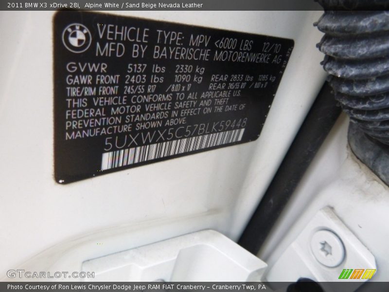 Alpine White / Sand Beige Nevada Leather 2011 BMW X3 xDrive 28i