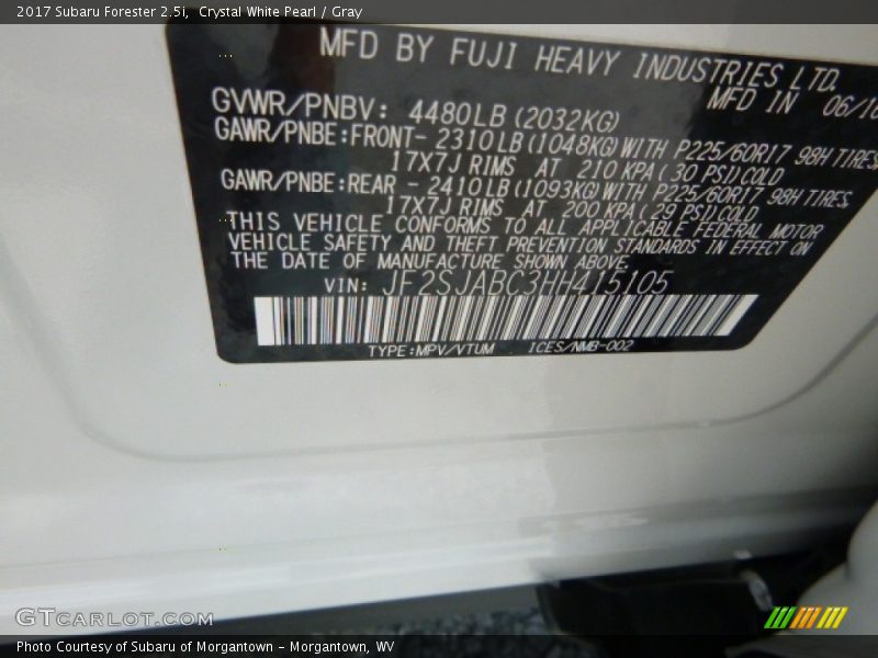 Crystal White Pearl / Gray 2017 Subaru Forester 2.5i