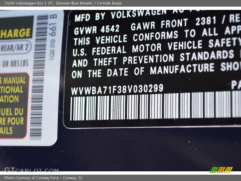 Eismeer Blue Metallic / Cornsilk Beige 2008 Volkswagen Eos 2.0T