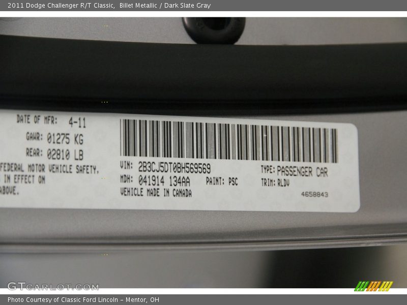 Billet Metallic / Dark Slate Gray 2011 Dodge Challenger R/T Classic