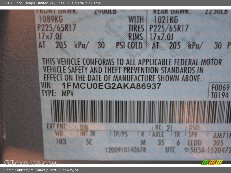 Steel Blue Metallic / Camel 2010 Ford Escape Limited V6