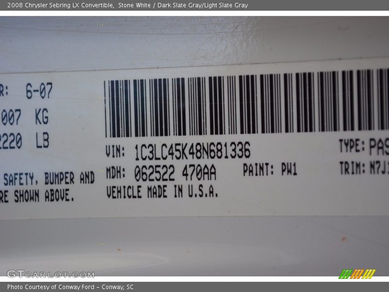 Stone White / Dark Slate Gray/Light Slate Gray 2008 Chrysler Sebring LX Convertible