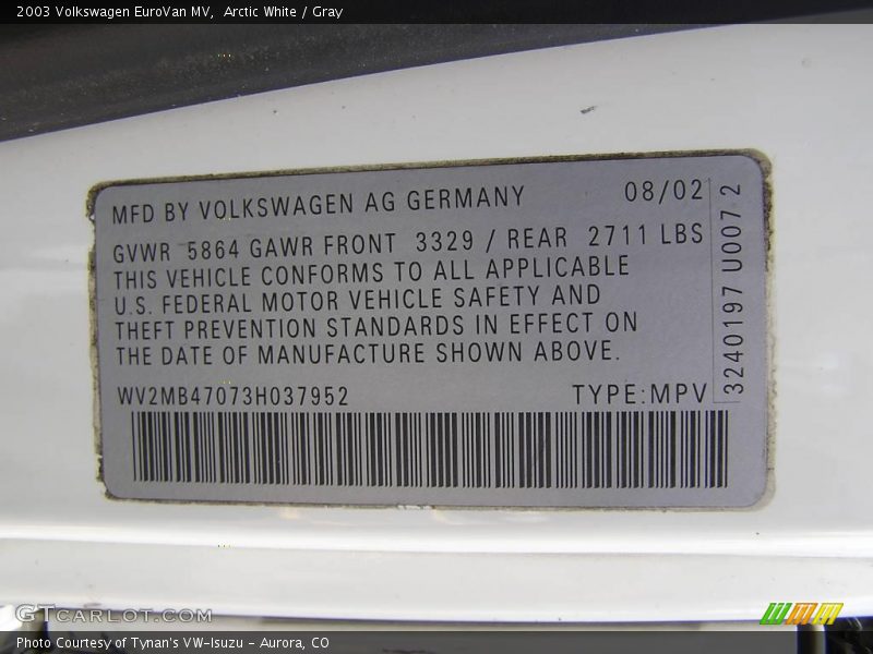Arctic White / Gray 2003 Volkswagen EuroVan MV