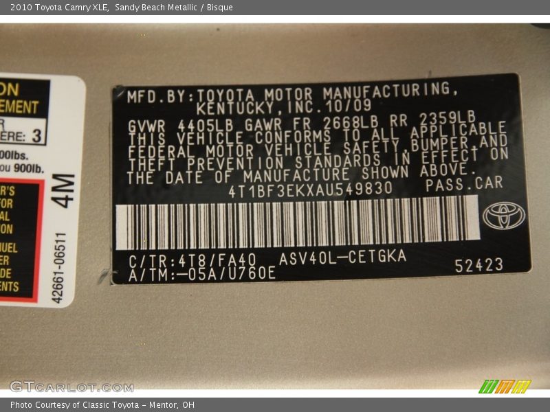 Sandy Beach Metallic / Bisque 2010 Toyota Camry XLE