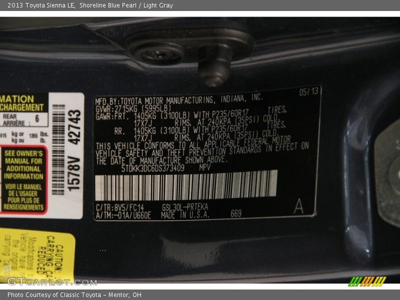 Shoreline Blue Pearl / Light Gray 2013 Toyota Sienna LE