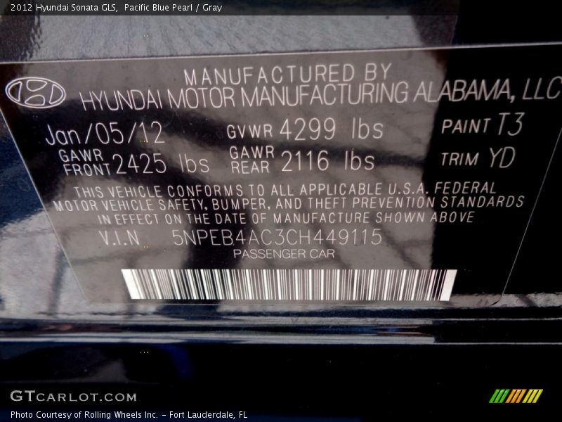 Pacific Blue Pearl / Gray 2012 Hyundai Sonata GLS