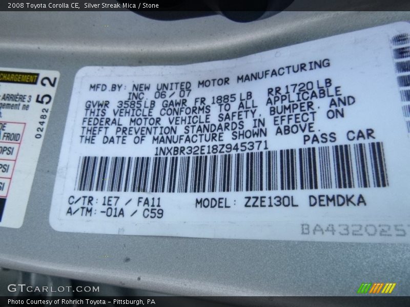 Silver Streak Mica / Stone 2008 Toyota Corolla CE