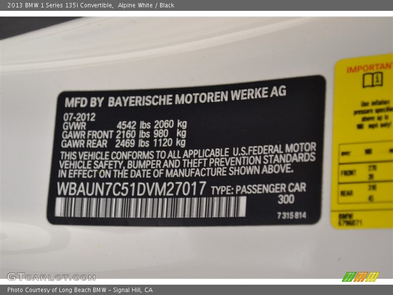 Alpine White / Black 2013 BMW 1 Series 135i Convertible