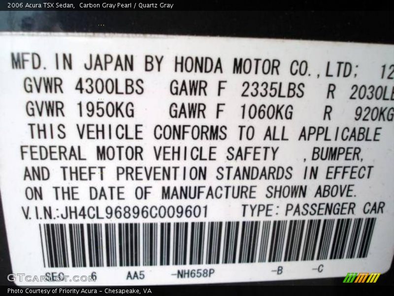 Carbon Gray Pearl / Quartz Gray 2006 Acura TSX Sedan