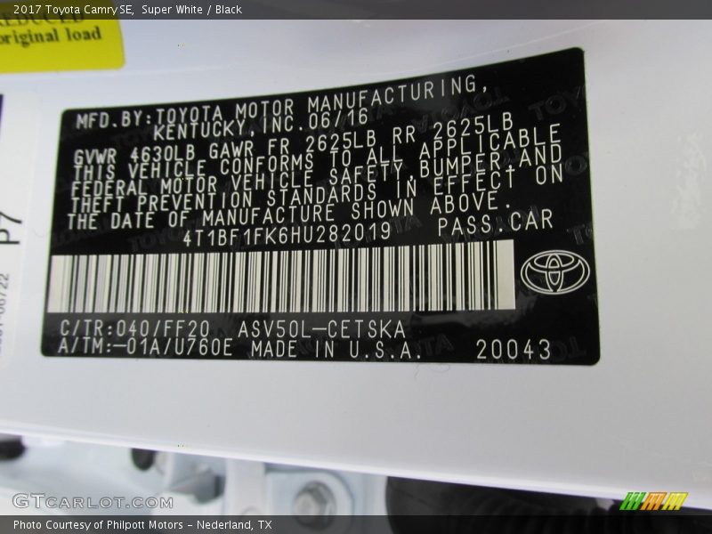 2017 Camry SE Super White Color Code 040